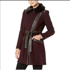 Via Spiga belted faux fur trim collar coat in Wine color
